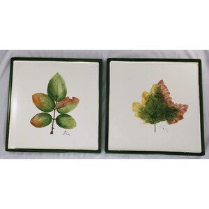 Pier 1 Leaf Trivet Tiles Set of 2 Italy Green White